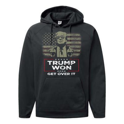 Trump Won Get Over It 2024 Vintage America Flag Performance Fleece Hoodie