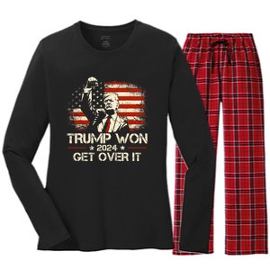 Trump Won Get Over It 2024 Election President 47th Us Flag Women's Long Sleeve Flannel Pajama Set 