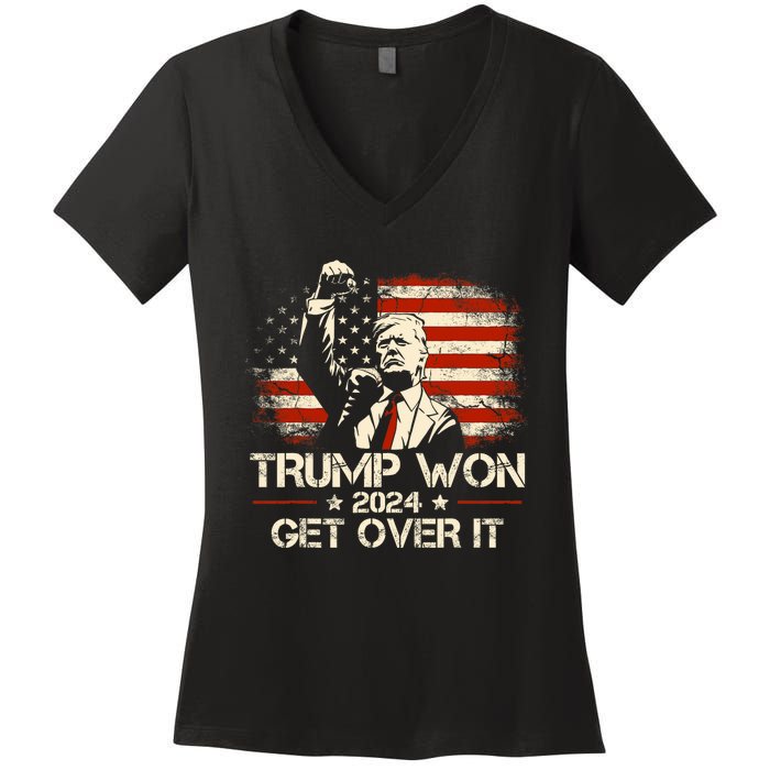 Trump Won Get Over It 2024 Election President 47th Us Flag Women's V-Neck T-Shirt