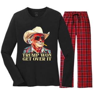 Trump Won Get Over It 2024 Funny Western Trump Cowboy Women's Long Sleeve Flannel Pajama Set 