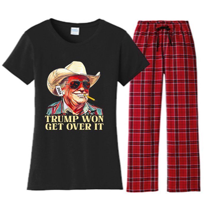 Trump Won Get Over It 2024 Funny Western Trump Cowboy Women's Flannel Pajama Set