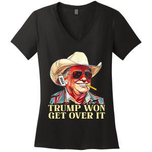 Trump Won Get Over It 2024 Funny Western Trump Cowboy Women's V-Neck T-Shirt