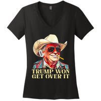 Trump Won Get Over It 2024 Funny Western Trump Cowboy Women's V-Neck T-Shirt