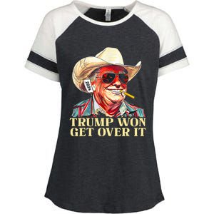 Trump Won Get Over It 2024 Funny Western Trump Cowboy Enza Ladies Jersey Colorblock Tee