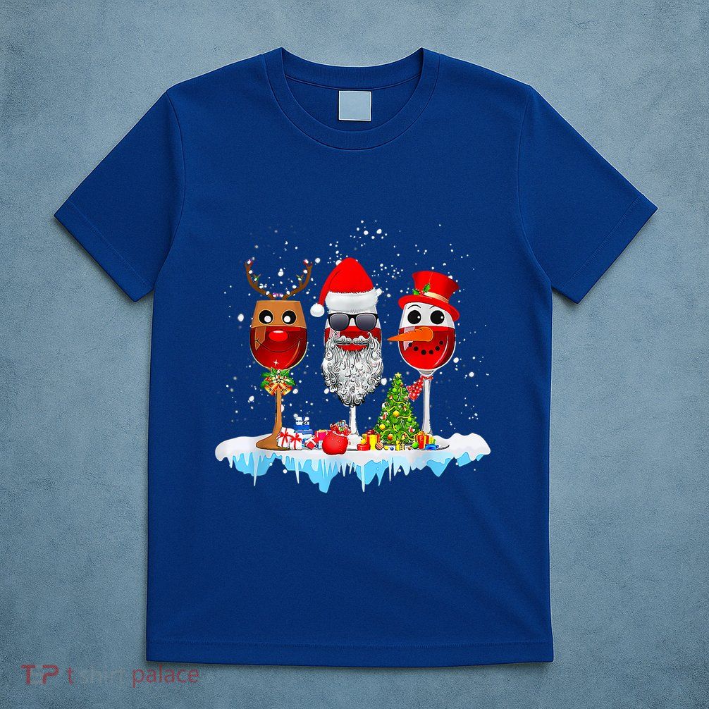 Three Wine Glasses Santa Hat Christmas Funny Wine Lover Xmas Gift T-Shirt