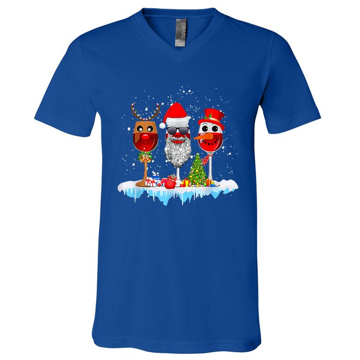 Three Wine Glasses Santa Hat Christmas Funny Wine Lover Xmas Gift V-Neck T-Shirt