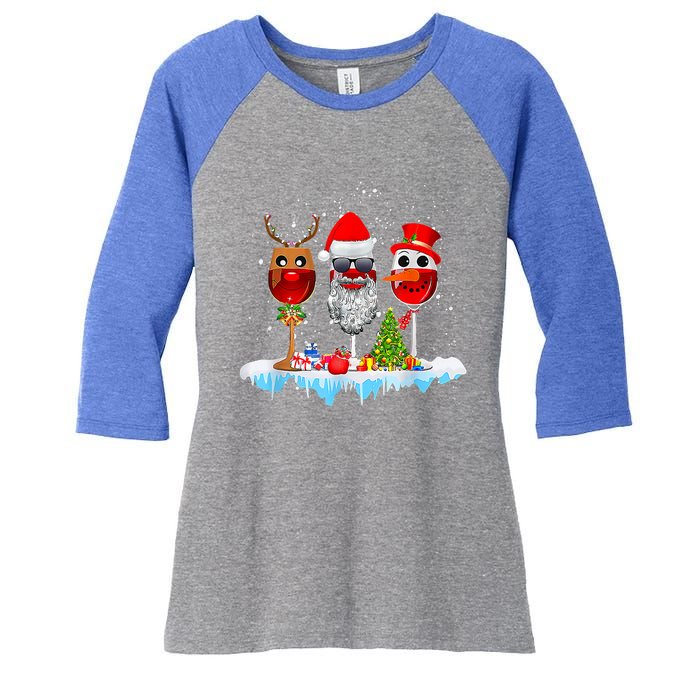 Three Wine Glasses Santa Hat Christmas Funny Wine Lover Xmas Gift Women's Tri-Blend 3/4-Sleeve Raglan Shirt