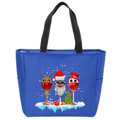 Three Wine Glasses Santa Hat Christmas Funny Wine Lover Xmas Gift Zip Tote Bag