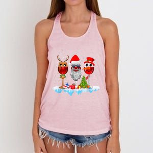 Three Wine Glasses Santa Hat Christmas Funny Wine Lover Xmas Gift Women's Knotted Racerback Tank