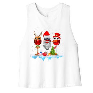 Three Wine Glasses Santa Hat Christmas Funny Wine Lover Xmas Gift Women's Racerback Cropped Tank