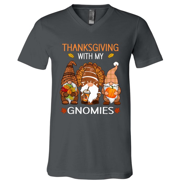 Thanksgiving Women Gnome Fall Leopard Turkey V-Neck T-Shirt