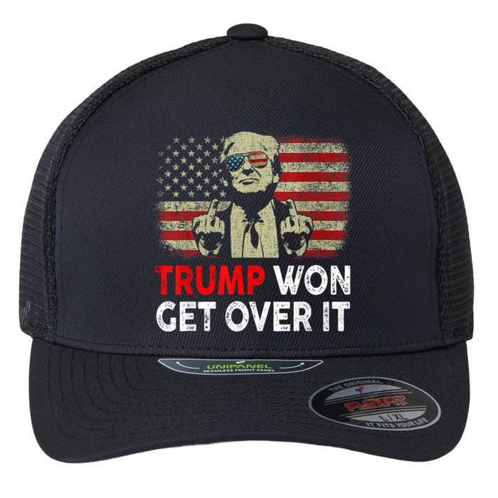 Trump Won Get Over It Patriotic Pro Trump Anti Kamala Funny Flexfit Unipanel Trucker Cap