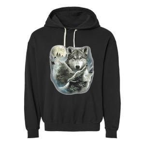 Three Wolves Howling At The Moon Wolf Lover Garment-Dyed Fleece Hoodie