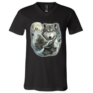 Three Wolves Howling At The Moon Wolf Lover V-Neck T-Shirt