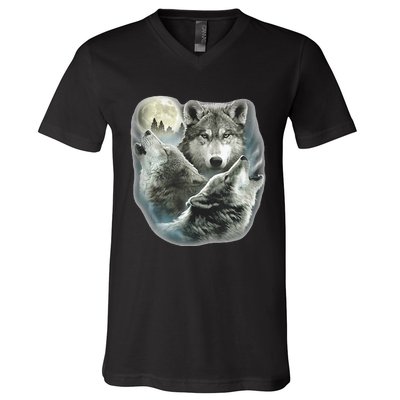 Three Wolves Howling At The Moon Wolf Lover V-Neck T-Shirt