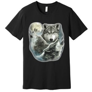 Three Wolves Howling At The Moon Wolf Lover Premium T-Shirt