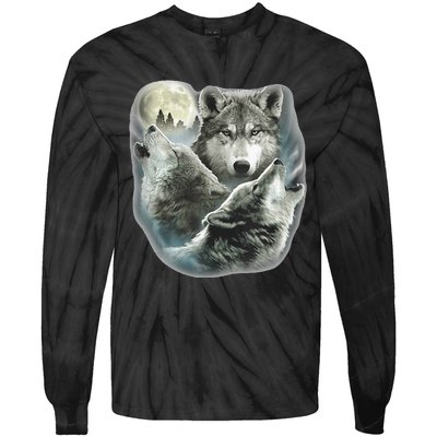 Three Wolves Howling At The Moon Wolf Lover Tie-Dye Long Sleeve Shirt