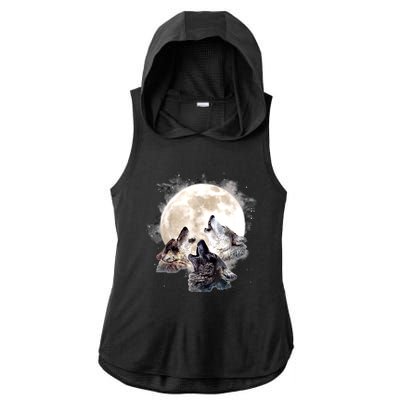 Three Wolves Howling At The Moon Wolf Lover Ladies PosiCharge Tri-Blend Wicking Draft Hoodie Tank