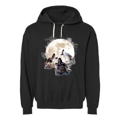 Three Wolves Howling At The Moon Wolf Lover Garment-Dyed Fleece Hoodie