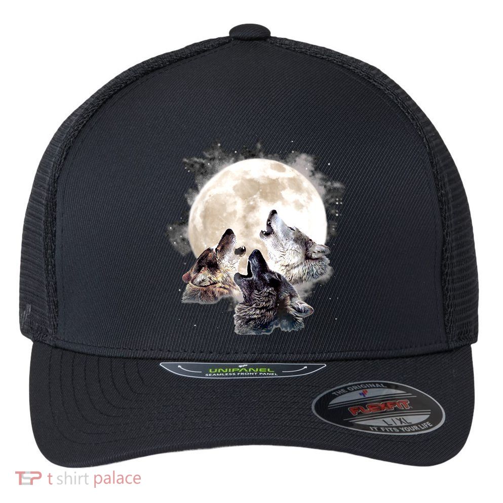 Three Wolves Howling At The Moon Wolf Lover Flexfit Unipanel Trucker Cap