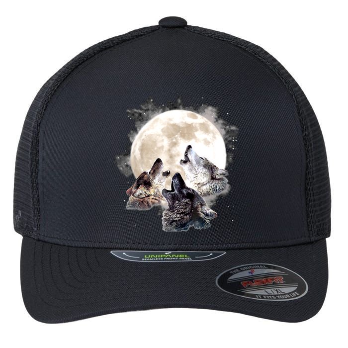 Three Wolves Howling At The Moon Wolf Lover Flexfit Unipanel Trucker Cap