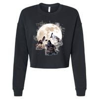 Three Wolves Howling At The Moon Wolf Lover Cropped Pullover Crew