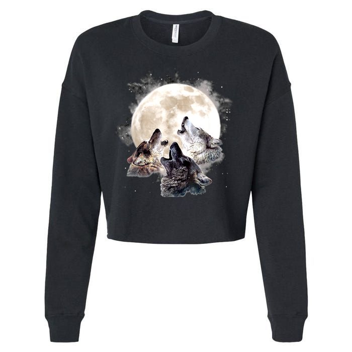 Three Wolves Howling At The Moon Wolf Lover Cropped Pullover Crew