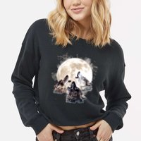 Three Wolves Howling At The Moon Wolf Lover Cropped Pullover Crew
