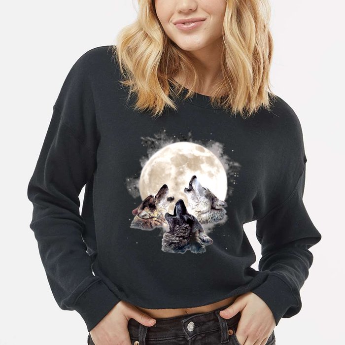 Three Wolves Howling At The Moon Wolf Lover Cropped Pullover Crew