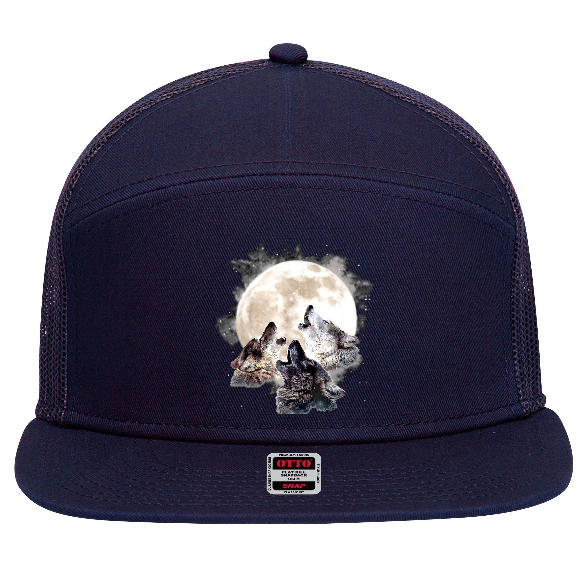 Three Wolves Howling At The Moon Wolf Lover 7 Panel Mesh Trucker Snapback Hat