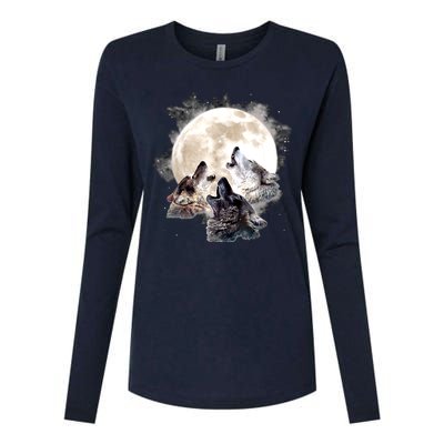 Three Wolves Howling At The Moon Wolf Lover Womens Cotton Relaxed Long Sleeve T-Shirt