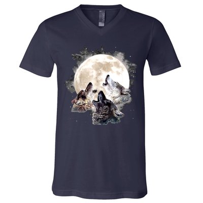 Three Wolves Howling At The Moon Wolf Lover V-Neck T-Shirt