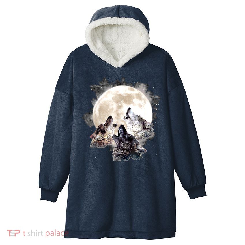 Three Wolves Howling At The Moon Wolf Lover Hooded Wearable Blanket