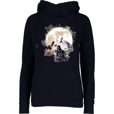 Three Wolves Howling At The Moon Wolf Lover Womens Funnel Neck Pullover Hood