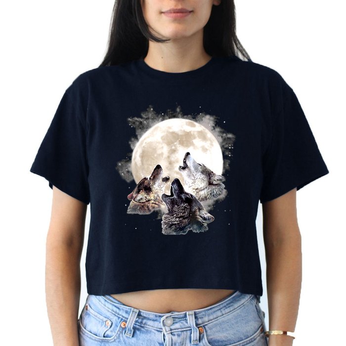 Three Wolves Howling At The Moon Wolf Lover Women's Crop Top Tee