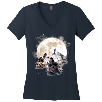 Three Wolves Howling At The Moon Wolf Lover Women's V-Neck T-Shirt