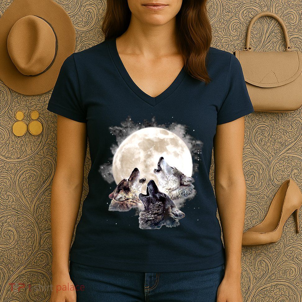 Three Wolves Howling At The Moon Wolf Lover Women's V-Neck T-Shirt