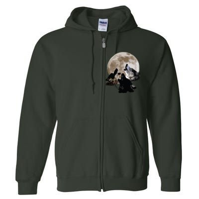 Three Wolves Howling At The Moon Wolf Lover Full Zip Hoodie