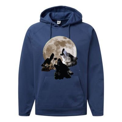 Three Wolves Howling At The Moon Wolf Lover Performance Fleece Hoodie