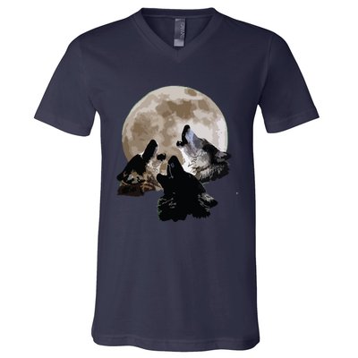 Three Wolves Howling At The Moon Wolf Lover V-Neck T-Shirt