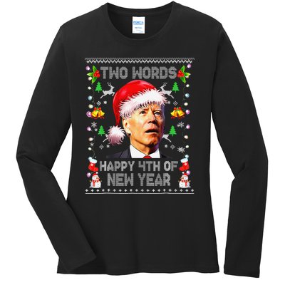 Two Words Happy 4th Of New Year Joe Biden Christmas Sweater  Ladies Long Sleeve Shirt