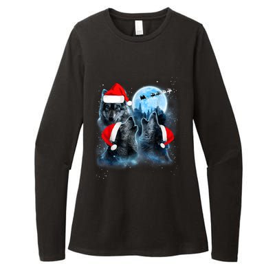 Three Wolves Howling Under Moon Christmas Santa Wolf Lover Womens CVC Long Sleeve Shirt