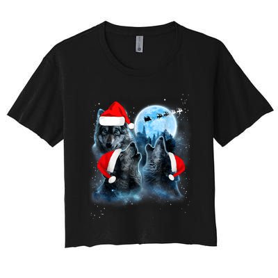 Three Wolves Howling Under Moon Christmas Santa Wolf Lover Women's Crop Top Tee