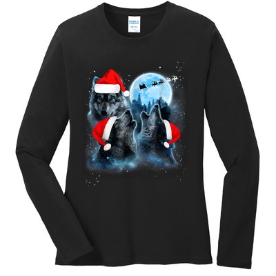 Three Wolves Howling Under Moon Christmas Santa Wolf Lover Ladies Long Sleeve Shirt