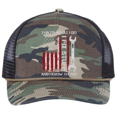 That's What I Do I Fix Stuff And I Know Things American Flag Retro Rope Trucker Hat Cap