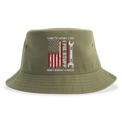 That's What I Do I Fix Stuff And I Know Things American Flag Sustainable Bucket Hat