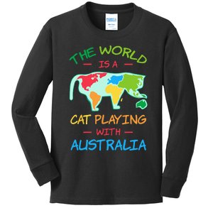 The World Is A Cat Playing With Australia Map Aussie Kids Long Sleeve Shirt