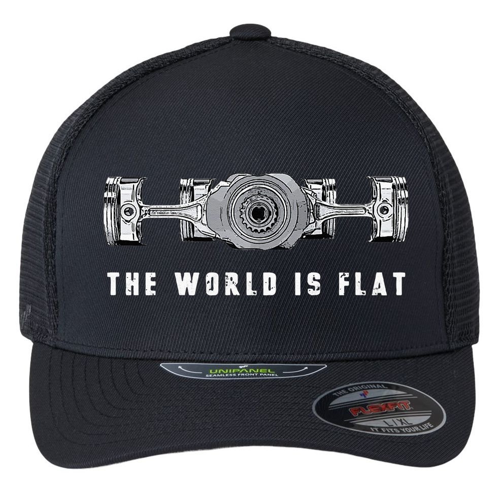 The World Is Flat Boxer Engine Car Enthusiast Flexfit Unipanel Trucker Cap