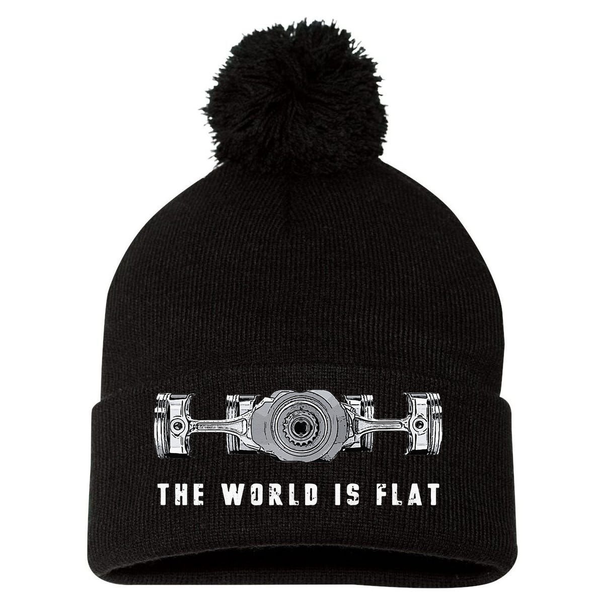 The World Is Flat Boxer Engine Car Enthusiast Pom Pom 12in Knit Beanie