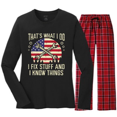 Thats What I Do Fix Stuff Usa Flag Car Mechanic Garage Women's Long Sleeve Flannel Pajama Set 